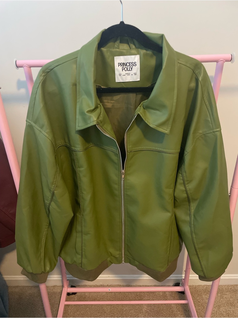 Princess Polly Green Faux-Leather Zip Front Bomber Jacket. Oversized. Worn twice